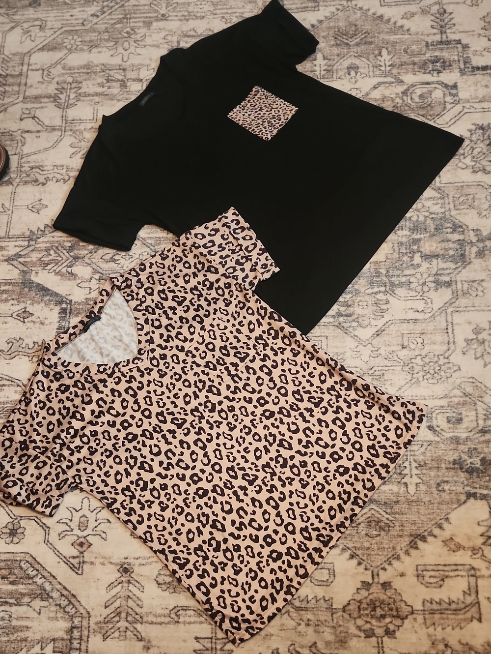 Womens Large Miholl Black Top with Leopard Pocket + Leopard Print Top..Like New